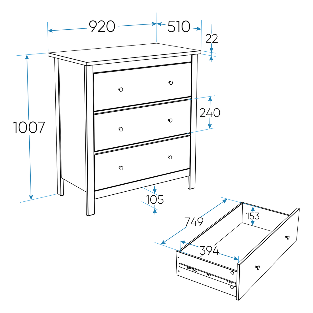 SAGA chest of drawers with three drawers