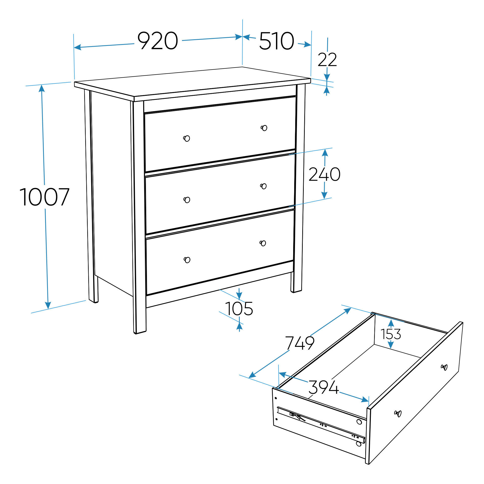 SAGA chest of drawers with three drawers